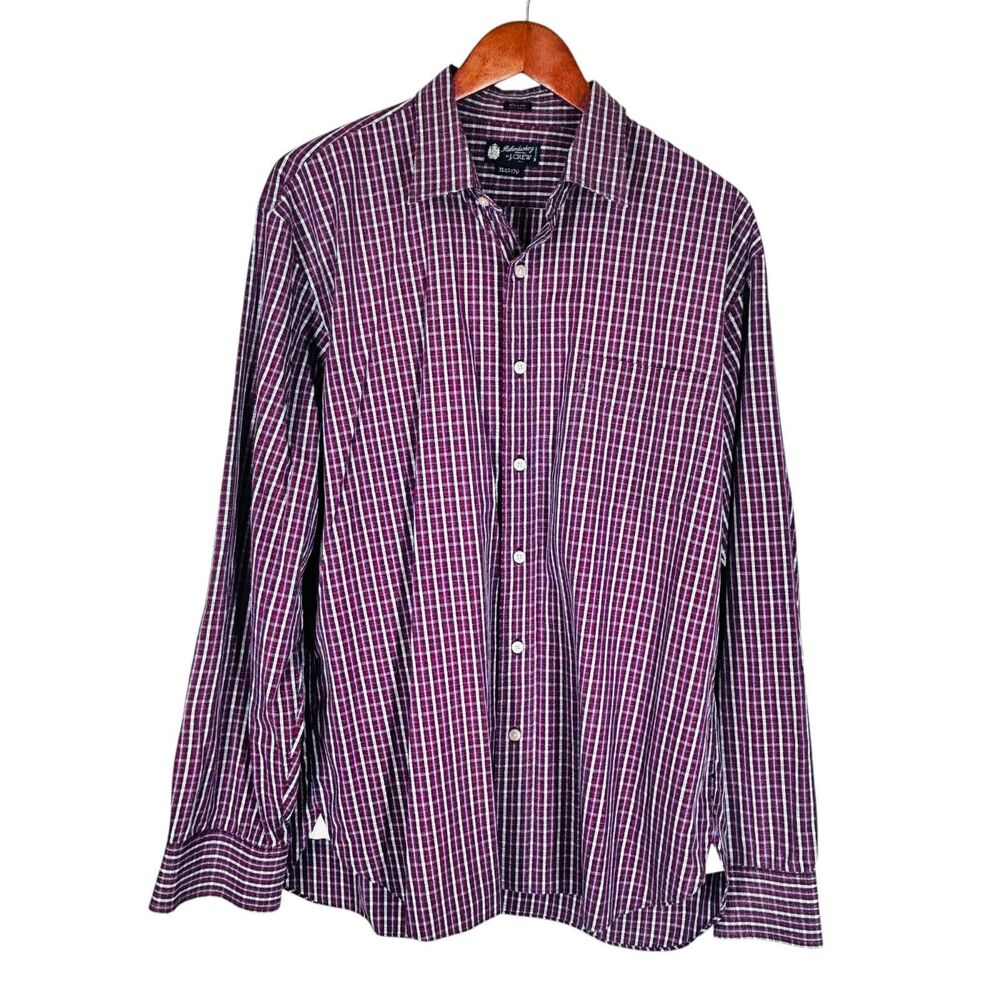 J Crew Shirt Mens XL Button Front Plaid Burgundy Navy Blue White